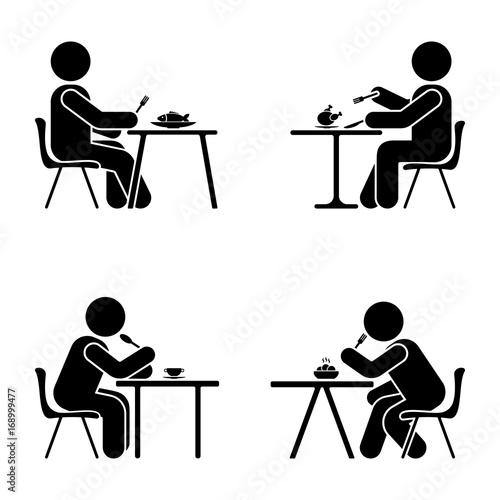 Eating and sitting vector pictogram. Stick figure black and white boy set symbol icon on white