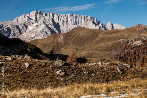 panoramic view of the dolomite mountains on the background of Marmolada