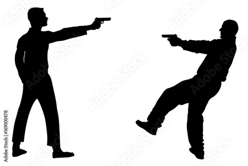 Public crime scene, gunfight battle. Man with gun shooting in opponent on the street vector silhouette illustration. 