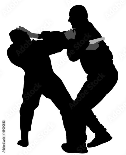 Self defense battle vector silhouette illustration. Man fighting against aggressor with gun or pistol. Krav maga demonstration in real situation. Combat for life against terrorist. Army skill action.