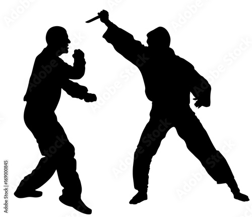 Self defense battle vector silhouette illustration. Man fighting against aggressor with knife. Krav maga demonstration in real situation. Combat for life against terrorist. Army skill in action.