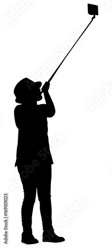 Little girl taking selfie picture vector silhouette illustration isolated on white background. Taking selfie - hand hold monopod with mobile phone. Cute tourist girl. 