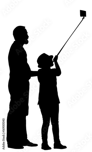 Little girl taking selfie picture with her father helps, vector silhouette illustration isolated on white background. Taking selfie - hand hold monopod with mobile phone. Cute tourist girl take photo.