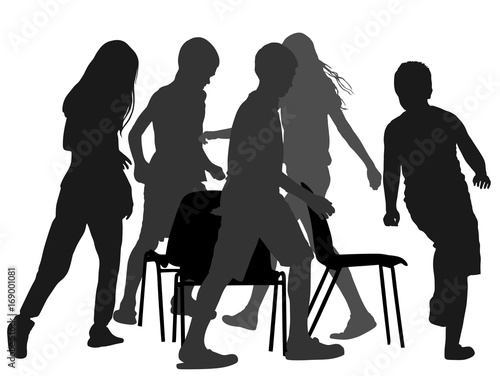 Children playing music chair game, vector silhouette illustration. Happy birthday animation. Kids run around playing musical chairs game.