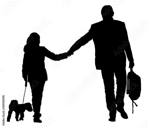 Father walking with daughter after work vector silhouette. Holding hands. Happy girl walking with dad and her little dog vector silhouette illustration. Fathers day, happy birthday gift for girl.
