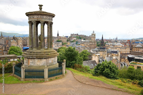 Scenic overview of Edinburgh, Scotland as seen from above Dugald Stewart's Monument located on Calton Hill.