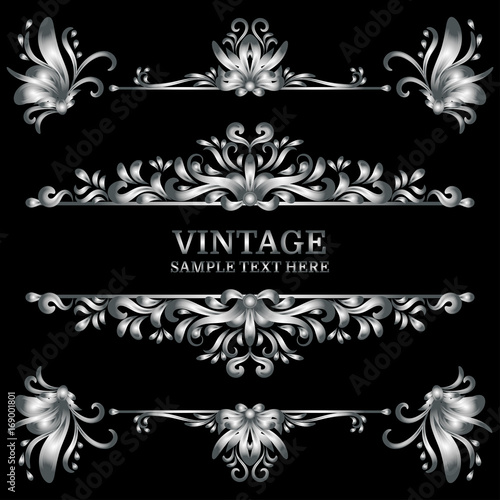 Silver Vintage Decorations Elements. Flourishes Calligraphic Ornaments and Frames. Retro Style