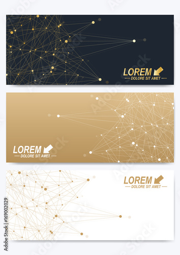 Modern golden set of vector banners. Modern stylish polygonal pattern with connected line and dots. Molecule and communication background for medicine, science, technology, chemistry.