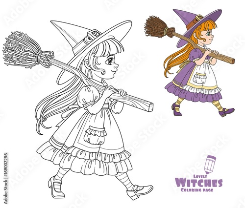 Cute girl in witch suit goes forward holding a broom for flights on her shoulder color and outlined for coloring page