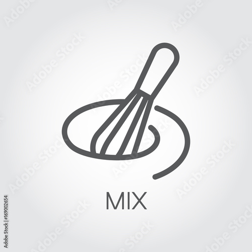 Line icon of whisk for mixing eggs, dough, sauce and other ingredients for cooking. Kitchen utensils outline label. Graphic pictograph on a gray background. Vector illustration