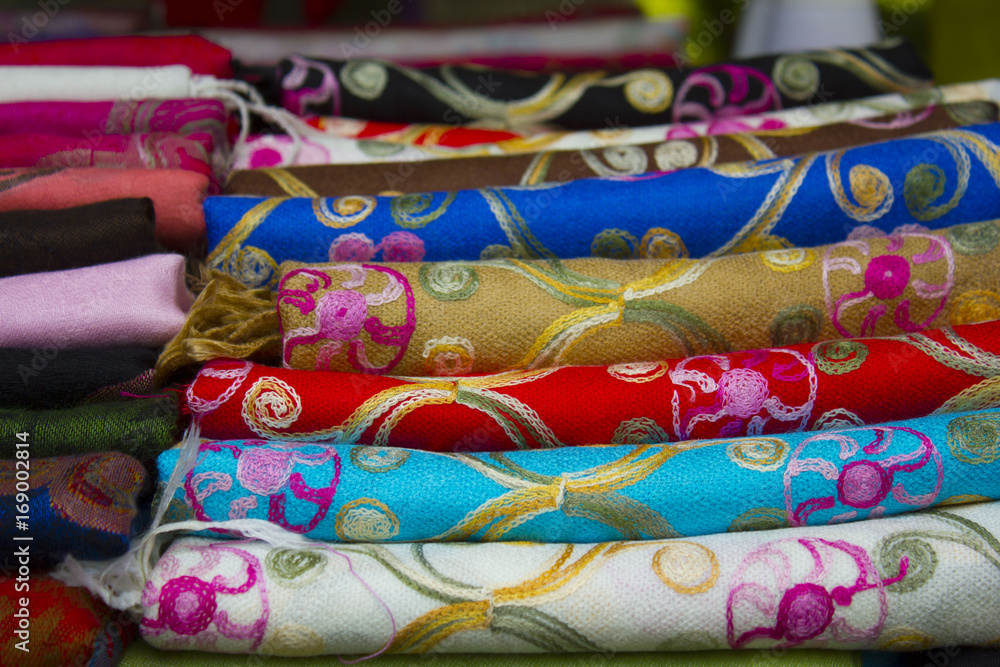 Indian shawls in a market Indian shawls in a market
