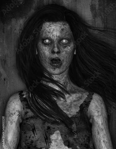 3d illustration of scary ghost woman in the dark,Horror background,mixed media 