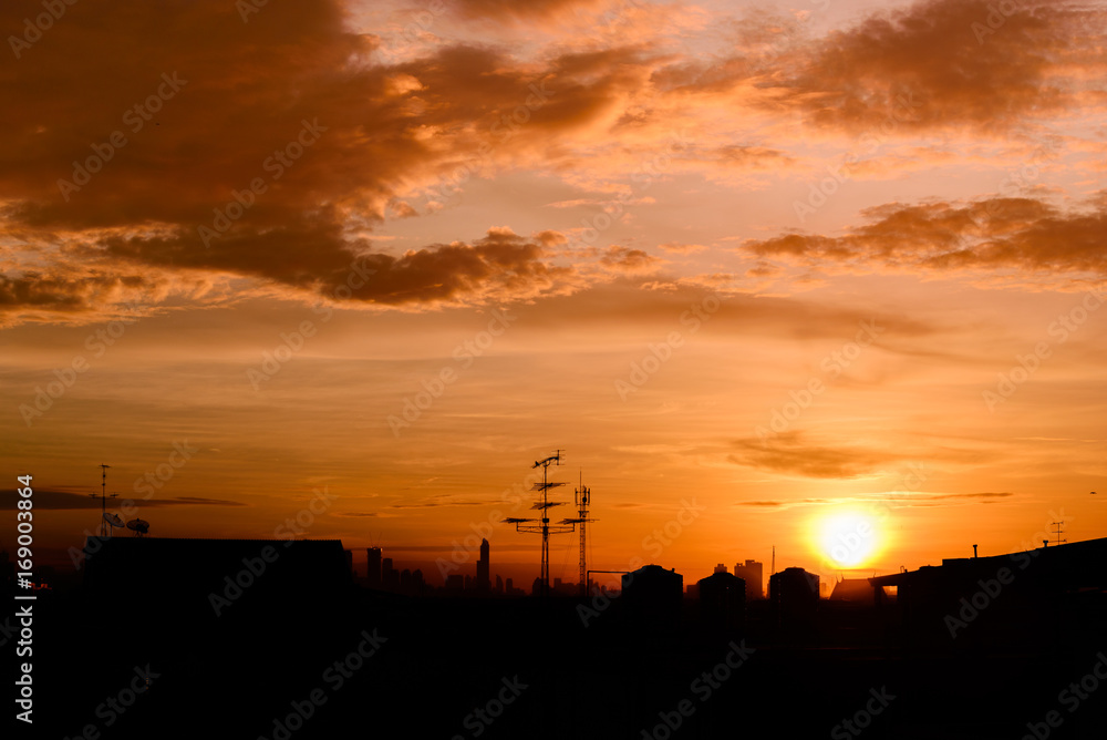 silhouette city with sunrise, bangkok, thailand