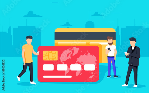 Mobile banking concept illustration of people standing near credit cards and using mobile smart phone for online banking