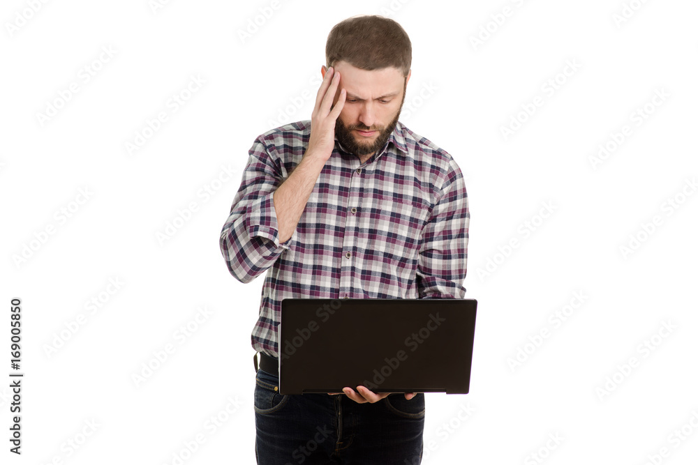 Man in shirt with laptop Man in shirt with laptop