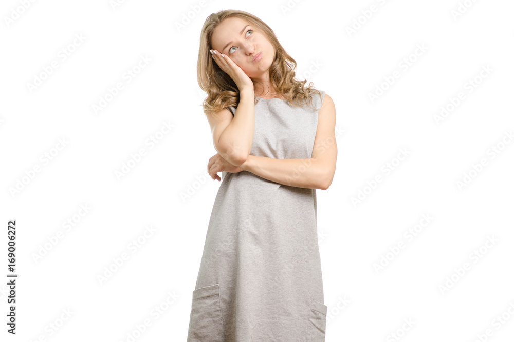 Beautiful young girl tired on white background isolated Beautiful young girl tired on white background isolated
