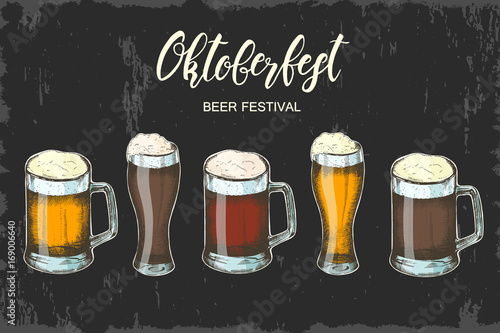 Vector Hand drawn beer glass with different kind of beers. Oktoberfest beer festival. Hand made lettering. Sketch.