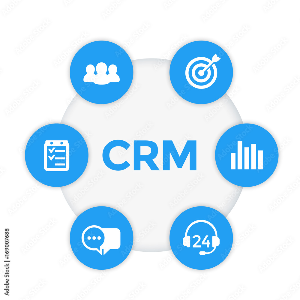 CRM icons, customer relationship management vector infographics template CRM icons, customer relationship management vector infographics template