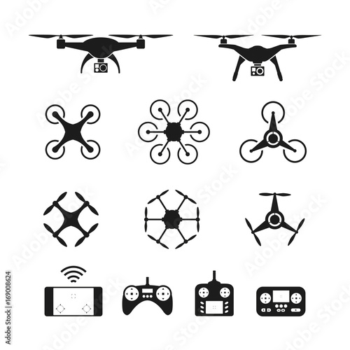 Set of aerial drone or quadcopter and remote control icons. Design for presentation, advertising, layout, pakaging and web design.