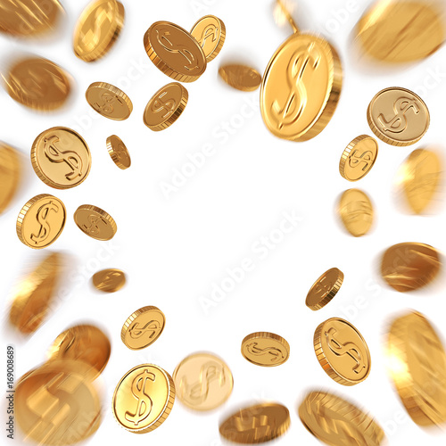 Realistic Gold coins explosion. Isolated on white background. 3d rendering.