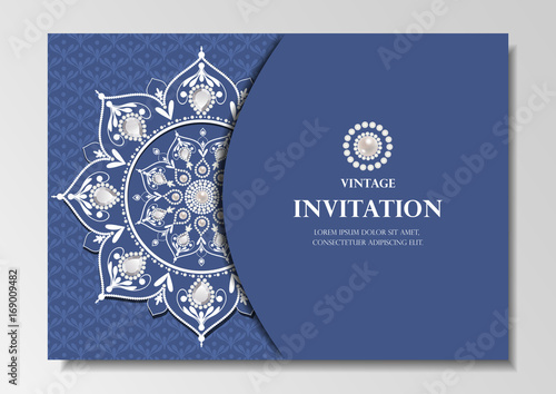 invitation card vintage design with diamond mandala pattern on blue background vector