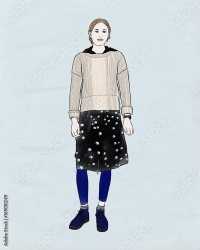 Young Woman Model Wearing Black Skirt Sweater and Boots 