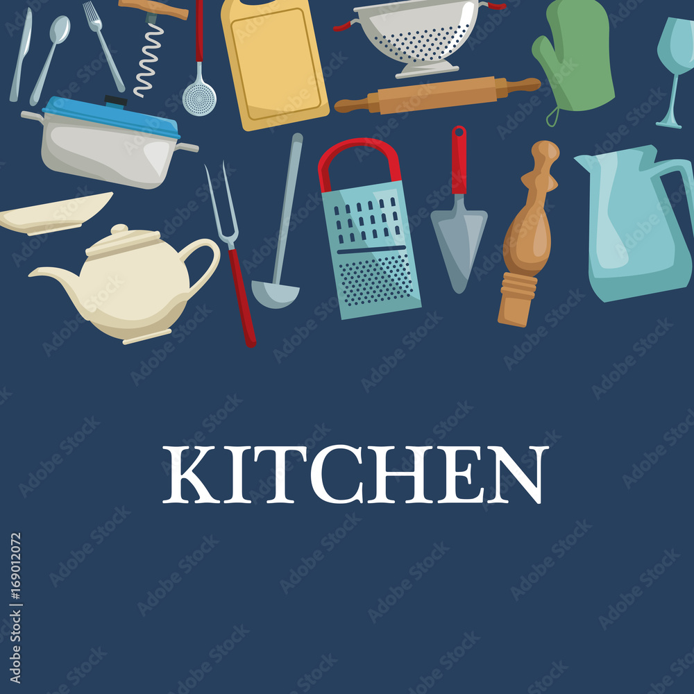 color background with different utensil of kitchen calligraphy vector illustration