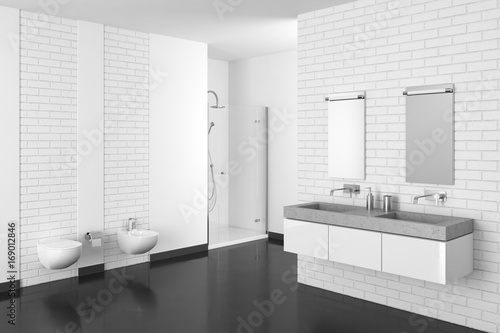 modern bathroom with white brick wall and dark floor