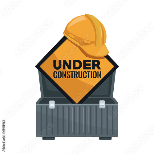 white background with suitcase of tools and diamond shape traffic signal text under construction and helmet protection vector illustration photo