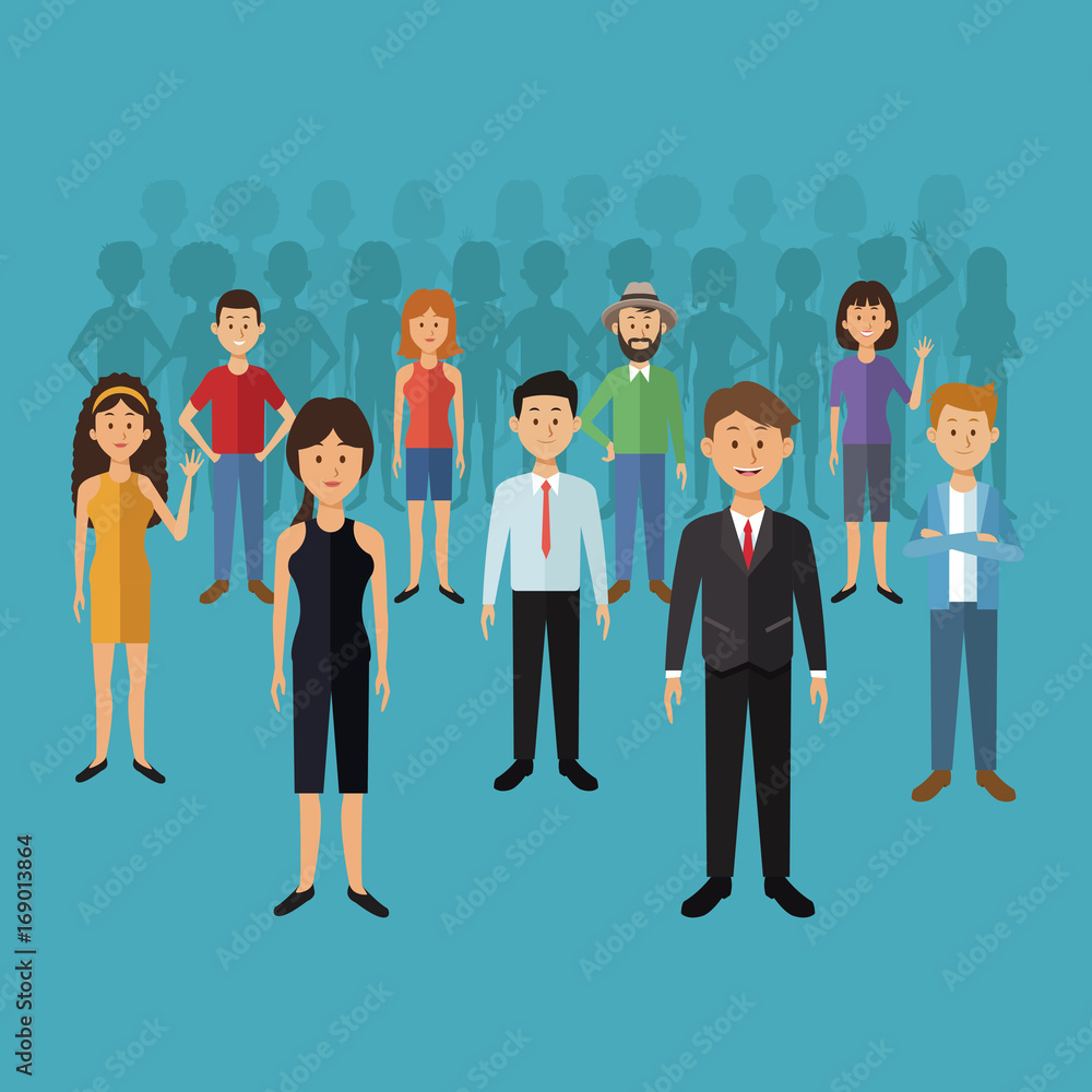 color background with set full body group people standing and shadow behind vector illustration