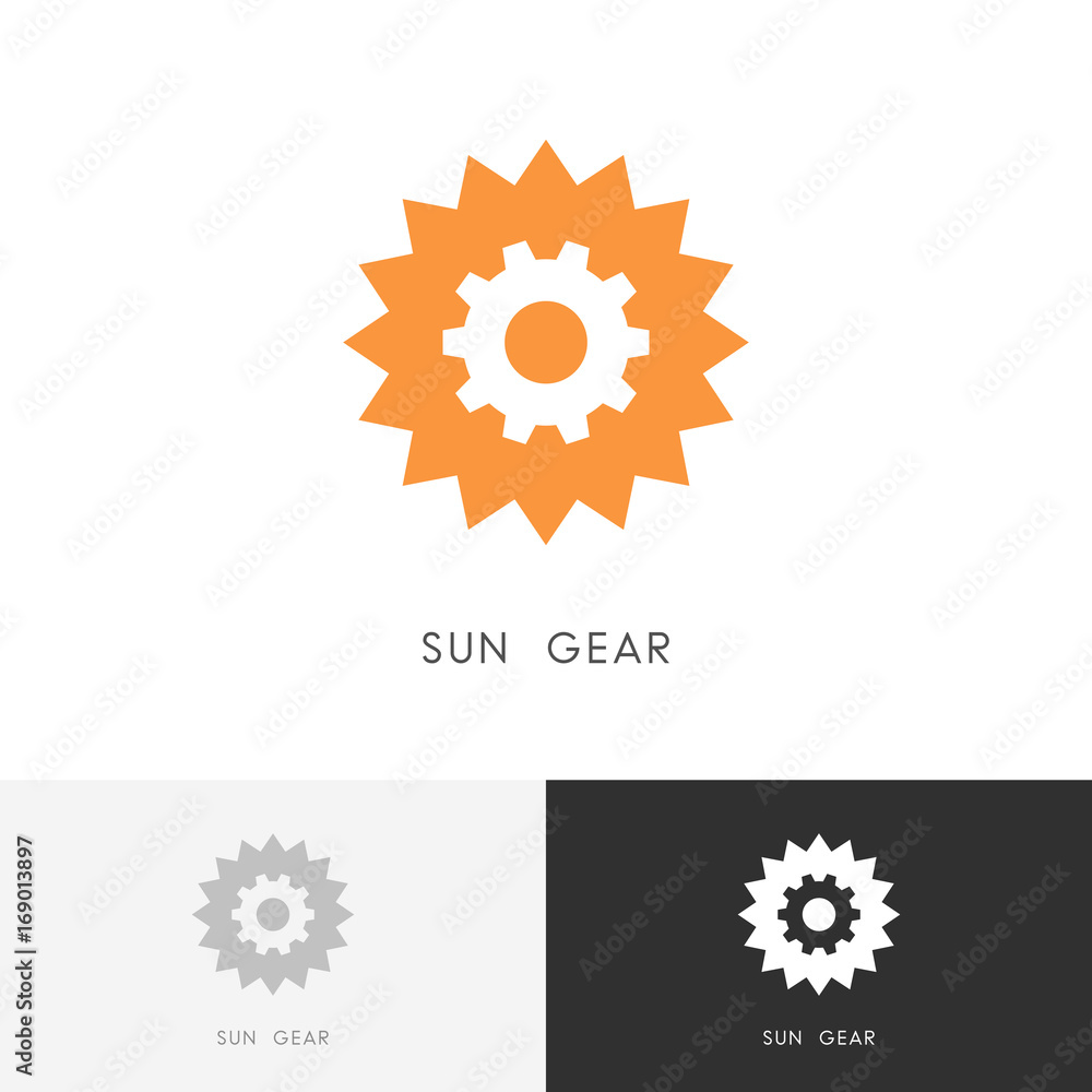 Sun gear wheel logo - pinion and solar energy symbol. Alternative power source, ecology and industry vector icon. Sun gear wheel logo - pinion and solar energy symbol. Alternative power source, ecology and industry vector icon.