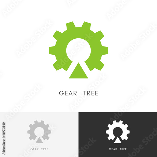 Gear wheel tree logo - green plant and pinion symbol. Ecology, nature and industry vector icon.