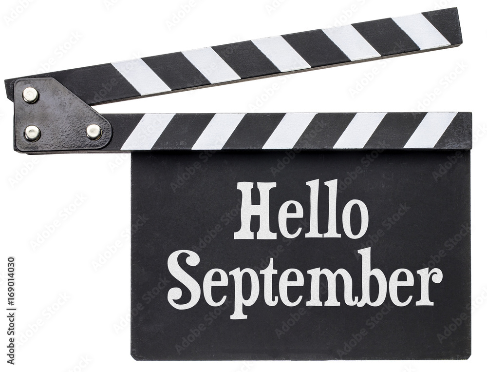 Hello September text on clapboard