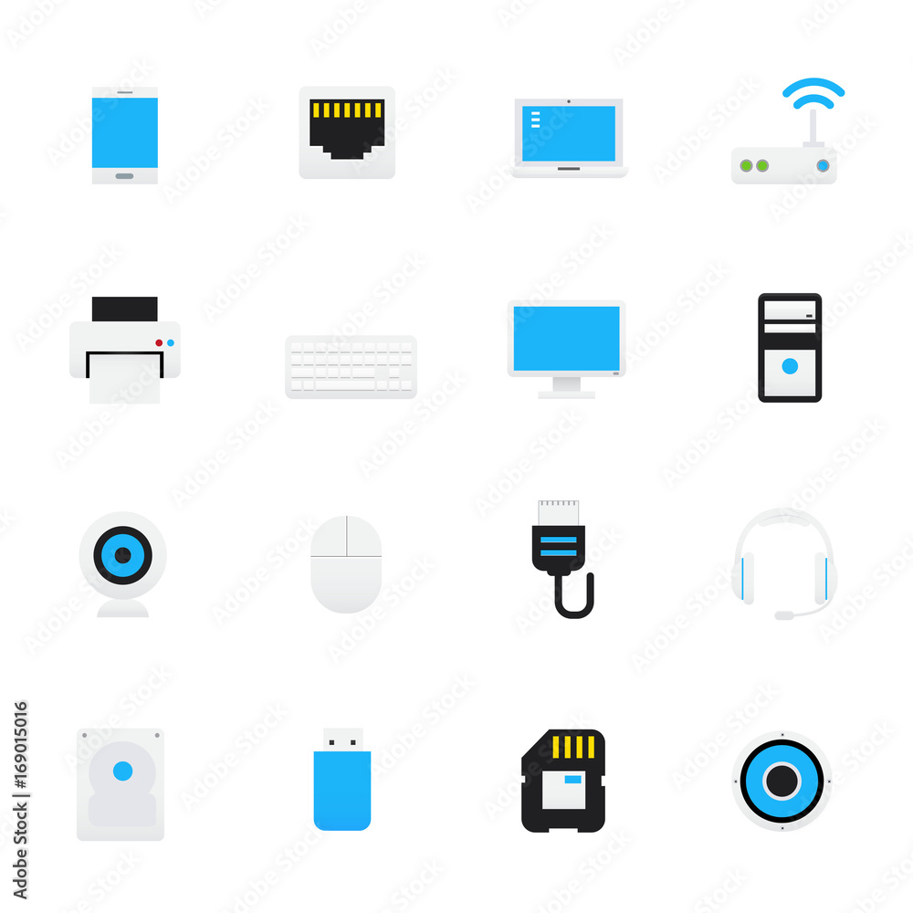 Computer Icons and Computer Accessories Icons. Set of Electronic and Devices Vector Illustration Color Icons Flat Style. Computer Icons and Computer Accessories Icons. Set of Electronic and Devices Vector Illustration Color Icons Flat Style.