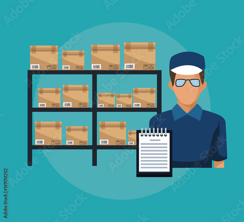 color background with shelves with sealed package and deliver courier man and order vector illustration vector illustration