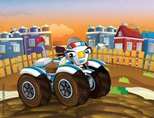 cartoon police motorbike like quad driving through the city - illustration for children © honeyflavour