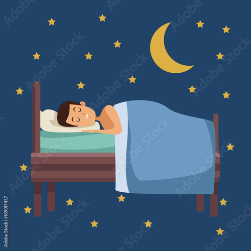 colorful scene of night with guy sleep in bed with moon and stars vector illustration