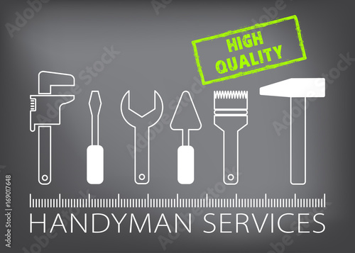 Professional handyman services logo. Silhouette of tools for repair. High quality stamp. Stock vector. Flat design.