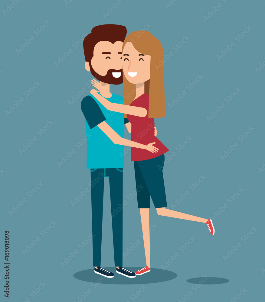 young happy couple gesturing smile on blue background vector illustration