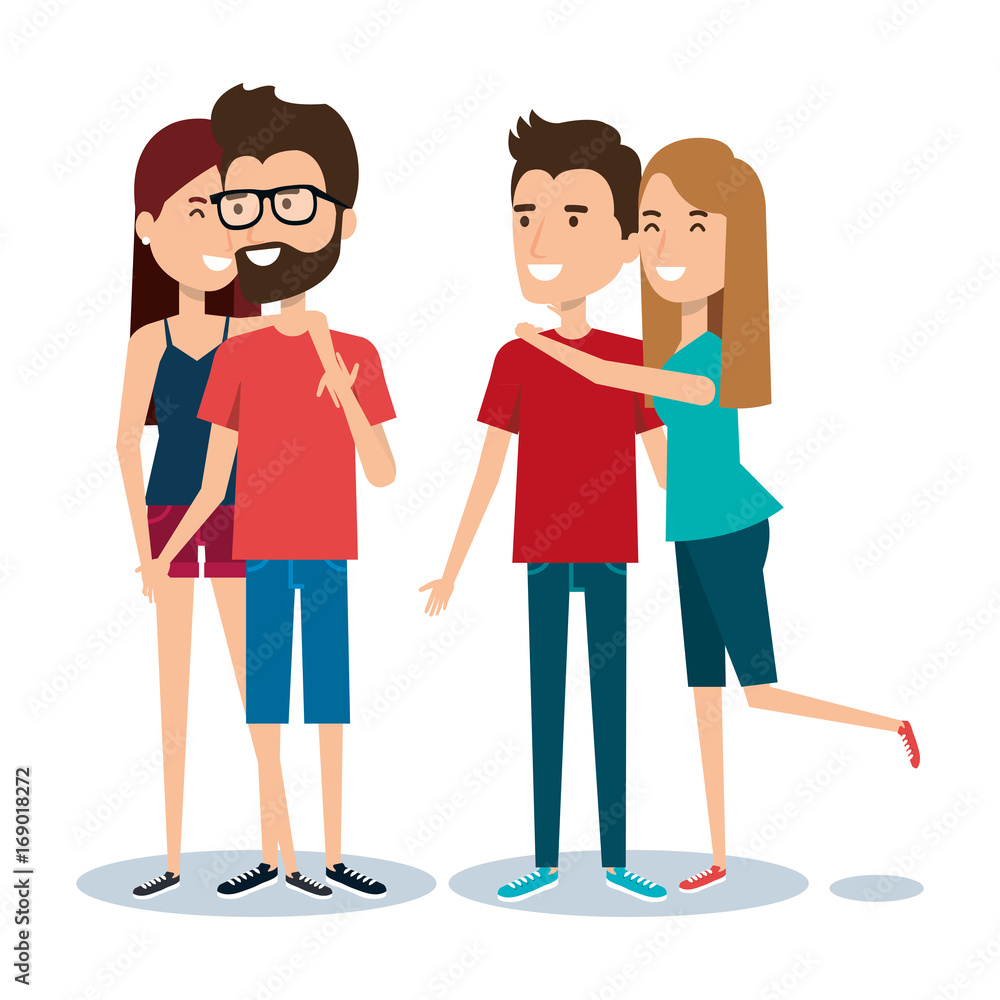 two couples of young people together cartoon style vector illustration two couples of young people together cartoon style vector illustration
