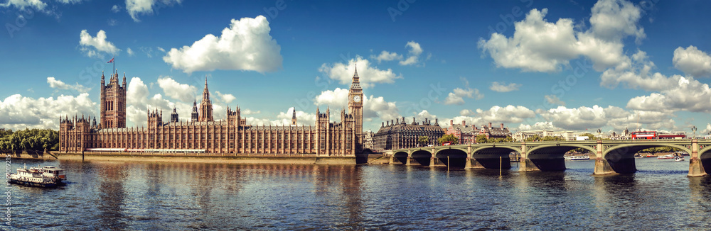 Fototapeta premium Panoramiczny obraz Houses of Parliament, Big Ben i Westminster Bridge, Londyn