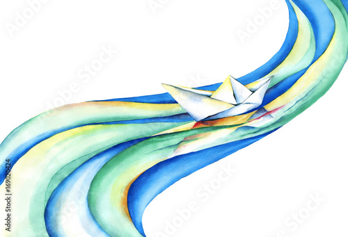 White paper boat floating on the river