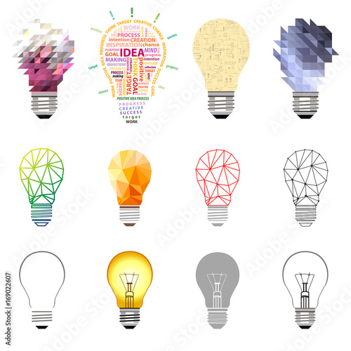ight bulbs vector collection. Conceptual, technology, idea, creative design elements icons set