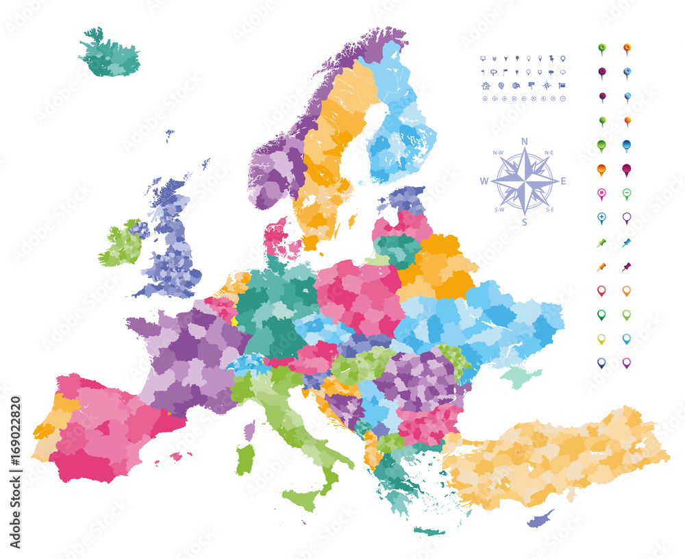 Obraz premium Europe map colored by countries with regions borders. Navigation, location and travel icons collection. 