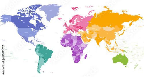 Fototapeta Naklejka Na Ścianę i Meble -  World map colored by continents vector illustration