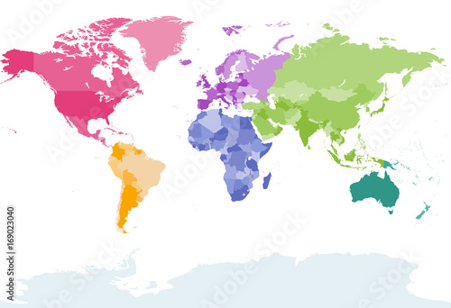 world map colored by continents vector detailed illustration