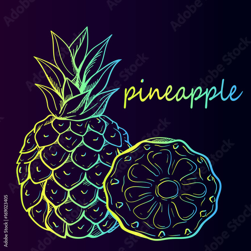 Neon sketch of a tropical tasty pineapple fruit. A whole ripe, juicy pineapple and half a pineapple. Stylish food poster idea