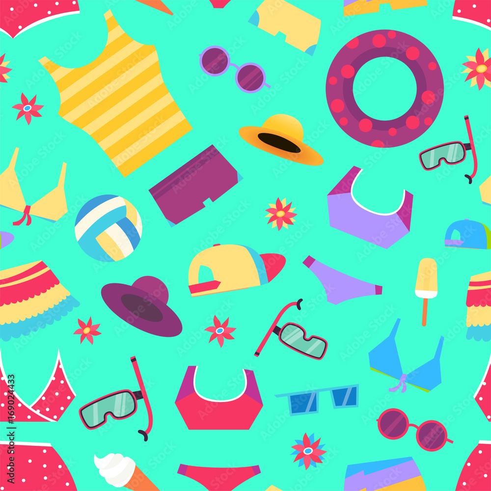 Seamless summer pattern with beach objects and accessories