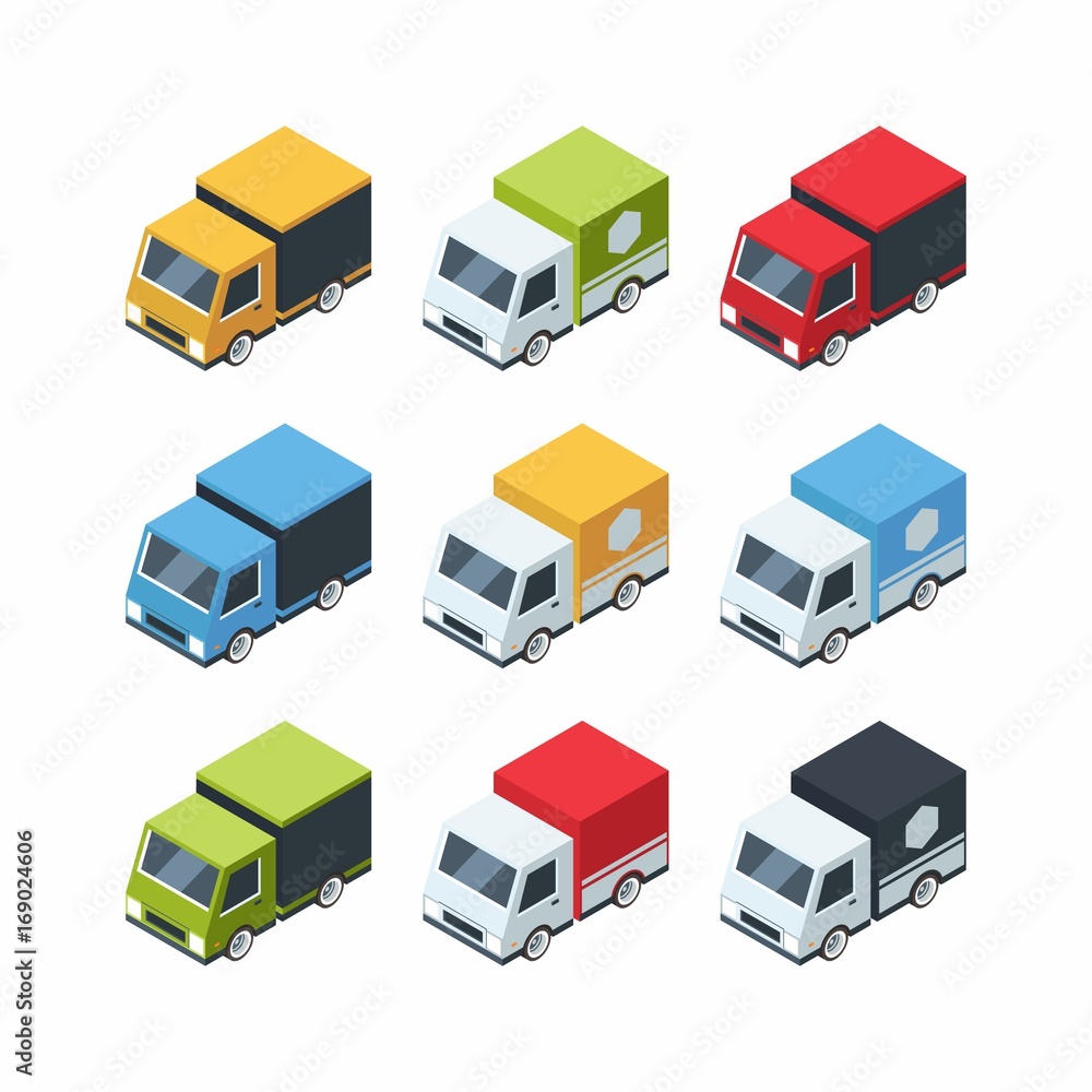 Set of isometric cartoon-style cargo cars Set of isometric cartoon-style cargo cars