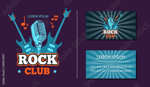 Vector vintage rock music club logo, emblem, badge and business card with retro music logo with sunburst background